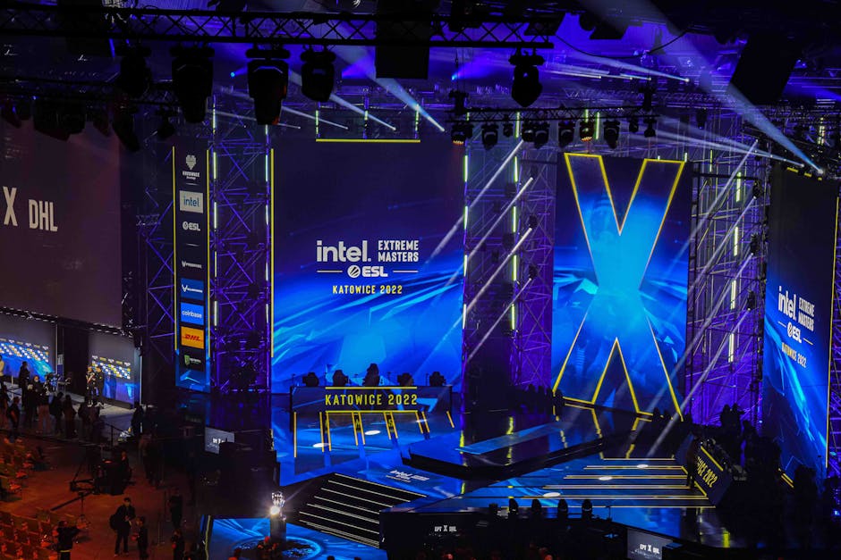 Valorant players stage arena neon esports crowd team