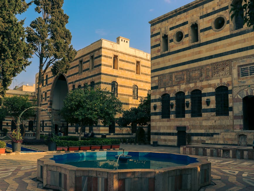 Beautiful historic courtyard with traditional architecture in Damascus, Syria.
