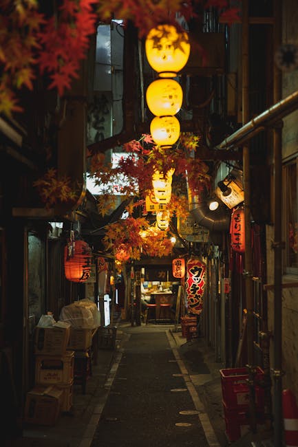 A narrow, atmospheric alley in Tokyo illuminated by traditional paper lanterns, capturing the essence of Japanese nightlife.