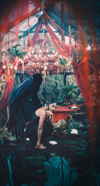 Dark fantasy scene with a winged figure and mystical ambiance.