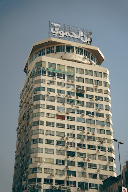 High-rise Baalmar Building in Damascus, Syria under a clear sky. A striking example of regional architecture.