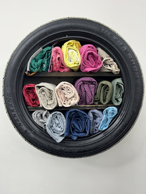 Unique tire bookshelf creatively displaying colorful folded fabrics in rolls.