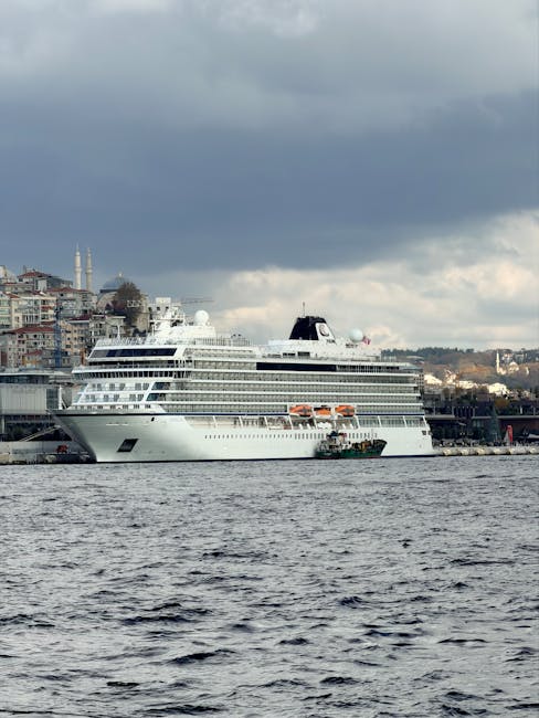 A large cruise ship docked at İstanbul harbor with cityscape and cloudy sky in the background.
