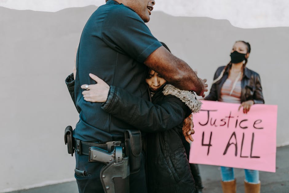 A police officer hugs a protester during a justice rally as another holds a sign reading 'Justice 4 All'.