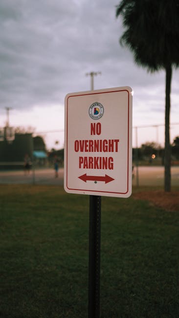 A 'No Overnight Parking' sign photographed in an urban park during daytime.