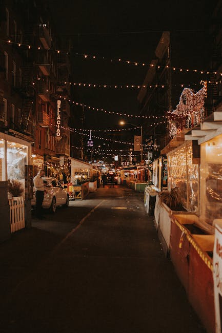 night market New York vendors lights outdoor evening crowd