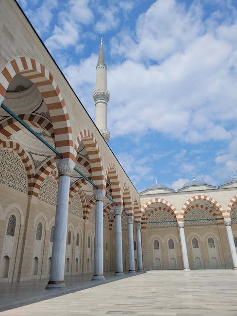 Explore the exquisite architecture of Çamlıca Mosque with its grand arches and towering minaret in Istanbul.