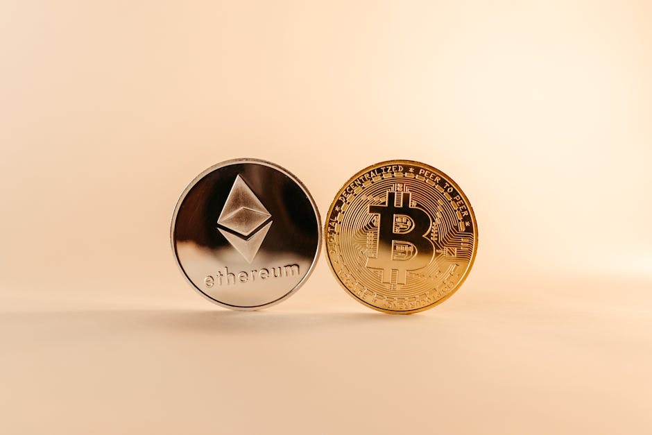 Close-up of Bitcoin and Ethereum coins symbolizing digital currency and blockchain technology.