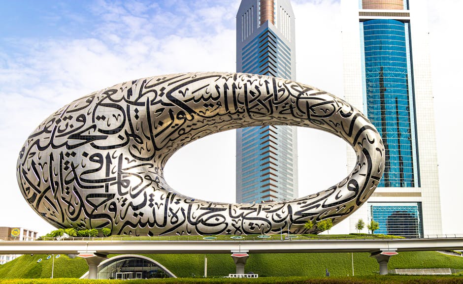 Stunning view of the Museum of the Future in Dubai with skyscrapers in backdrop.