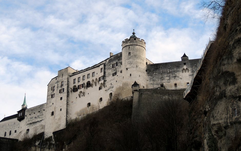 Stunning view of Hohensalzburg Fortress with its medieval architecture atop a cliff in Salzburg.