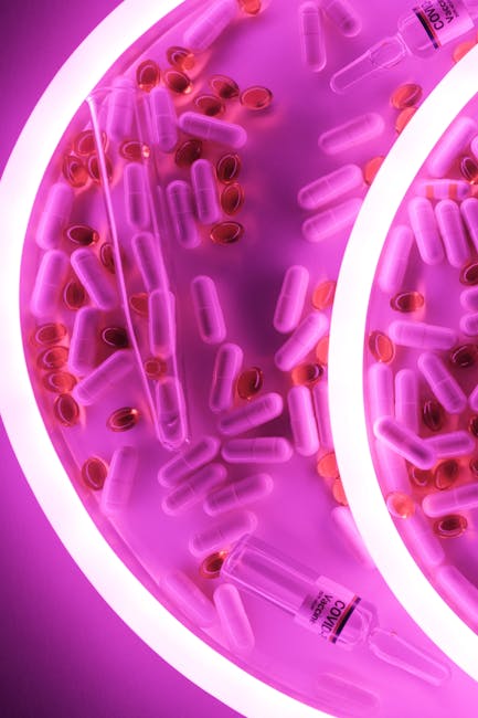 Vibrant image of pills and vaccine ampoules under neon lights, symbolizing healthcare innovation.
