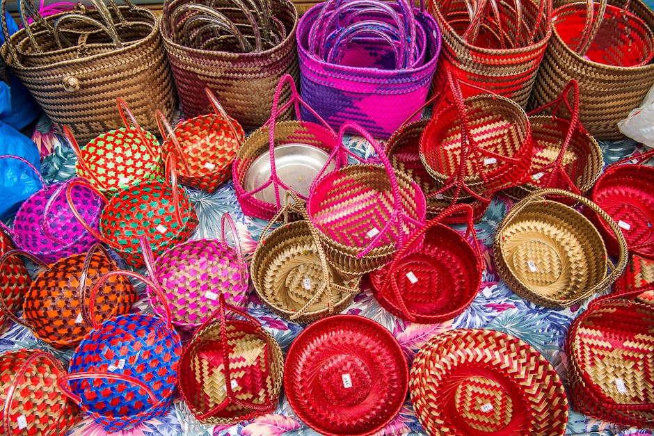 Nepali handicrafts display Thamel market colorful baskets pottery