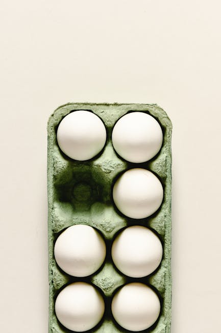 A minimalist top view of six eggs in a paper carton on a light background.