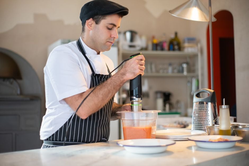 chef using Pacojet in kitchen professional dessert