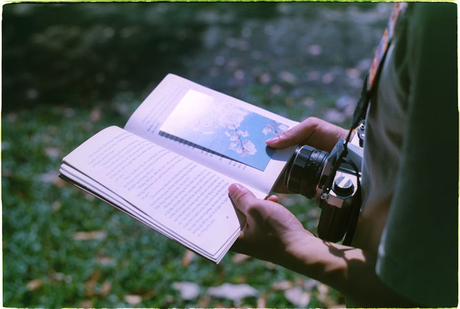 Hands holding a book and camera outdoors in a sunlit park, focusing on travel and leisure.