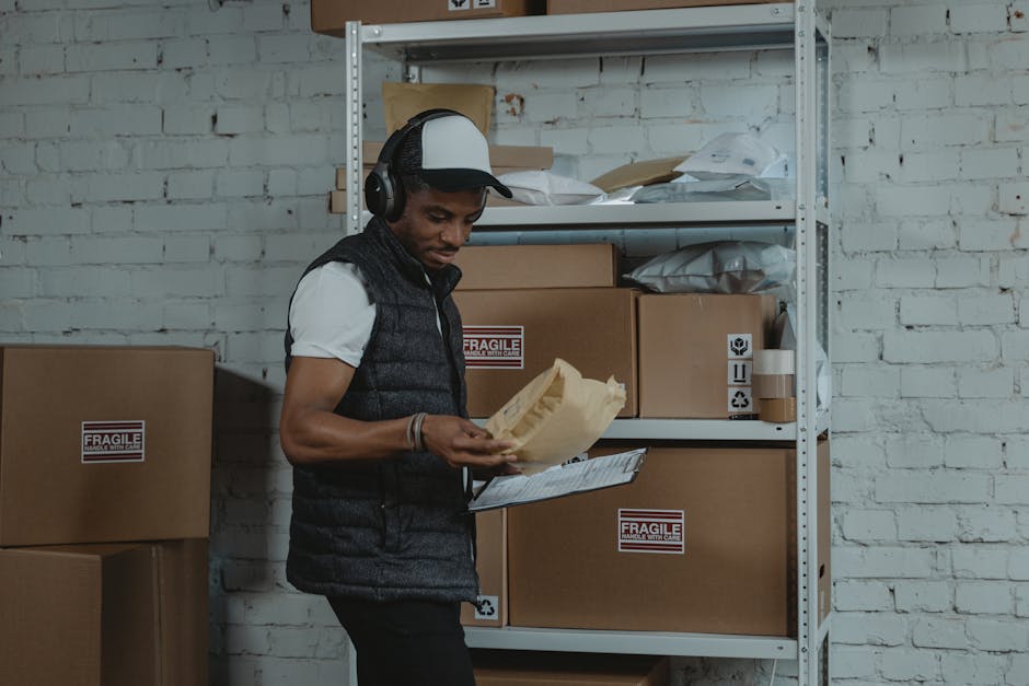 warehouse workers sorting returned packages recycling logistics