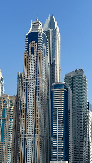A striking view of Dubai's modern high-rise skyline featuring iconic skyscrapers against a clear blue sky.