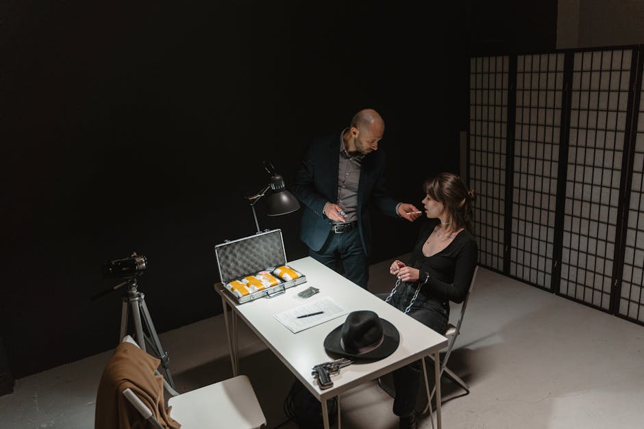 An intense interrogation with evidence on the table, showcasing a crime scene.