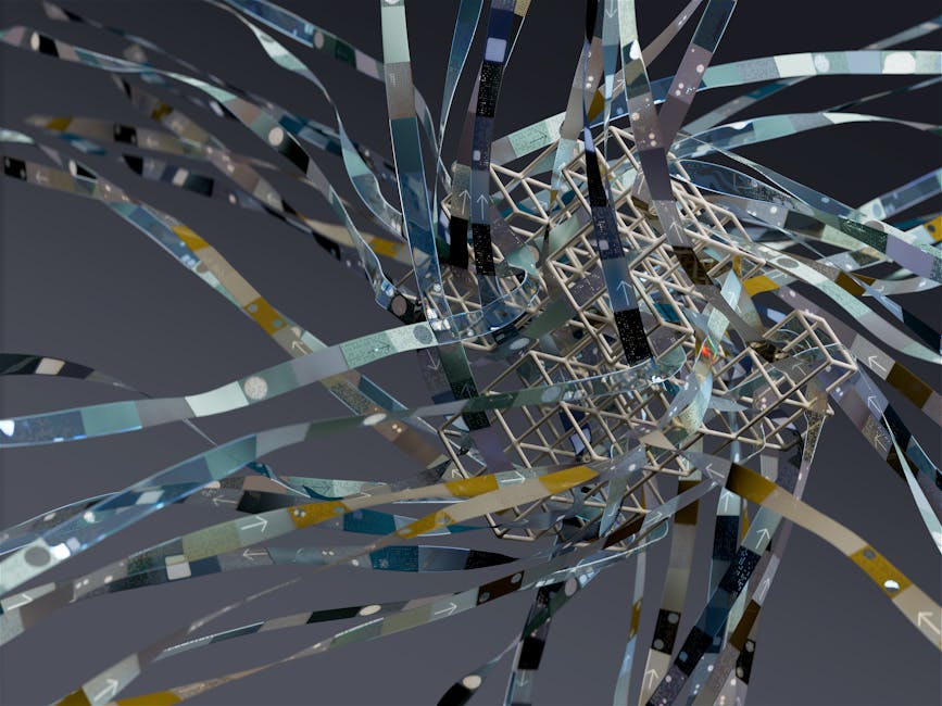 Intricate wireframe with dynamic ribbons in an abstract 3D composition.