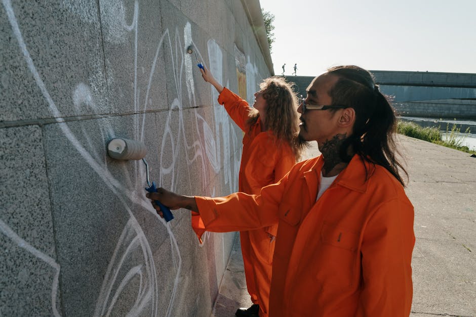 People in orange uniforms painting over graffiti on a concrete wall outdoors.