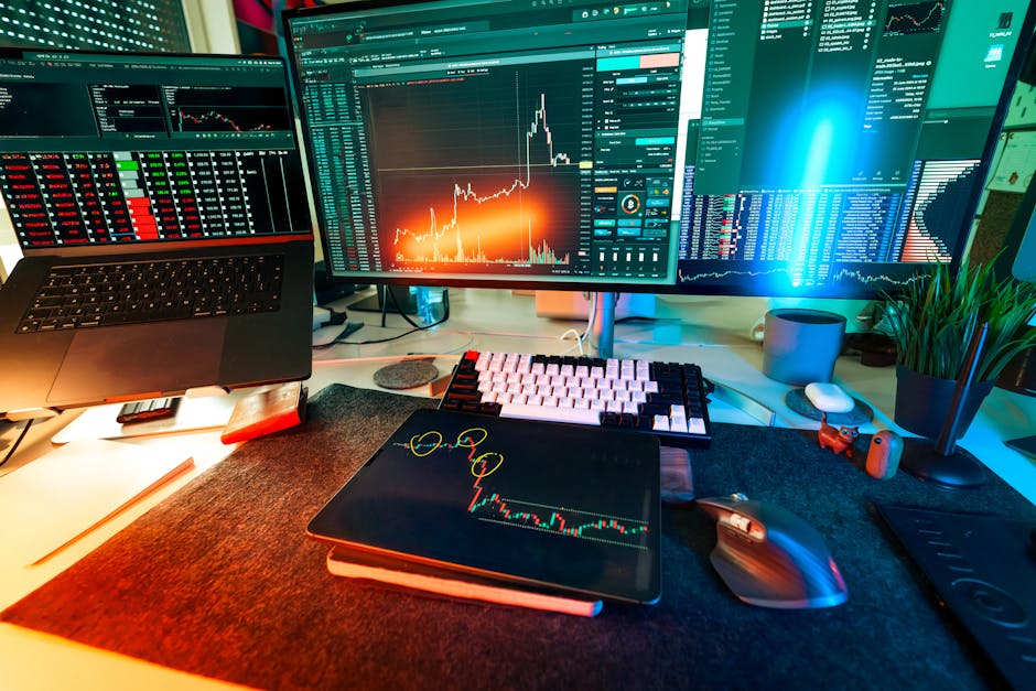 Vibrant trading setup with multiple screens displaying cryptocurrency charts and data analysis tools.