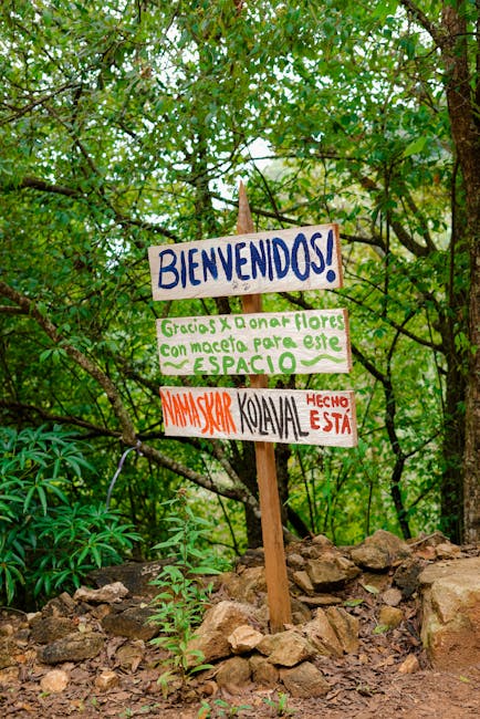 Welcome sign in Spanish and Hindi in a lush green forest setting, conveying a warm greeting.