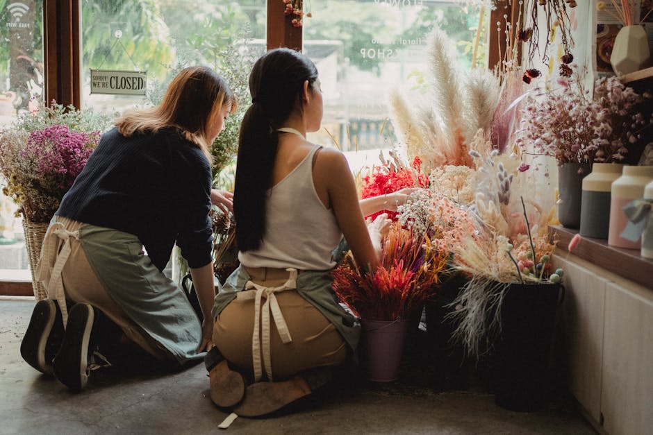 workshop dried flowers retail display hands arranging