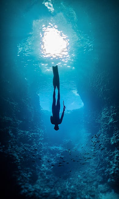 A silhouette of a freediver gliding through a vibrant underwater cave in Tonga.