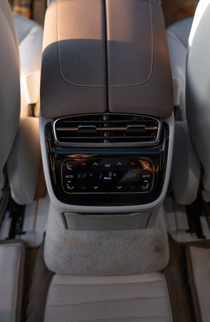 Close-up of a luxury car's rear console showing advanced climate control settings.