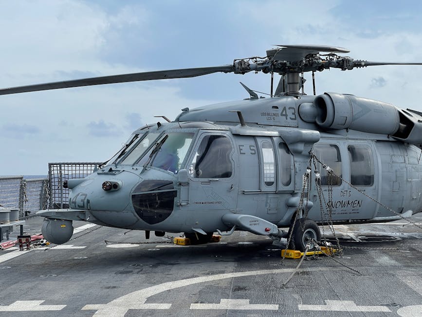 Close-up of Sikorsky SH-60 Seahawk helicopter secured on a naval ship deck.