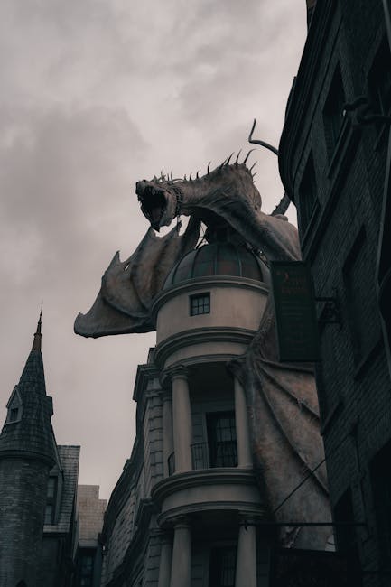 Majestic dragon statue overlooking the streets of Diagon Alley at Universal Studios, Orlando.