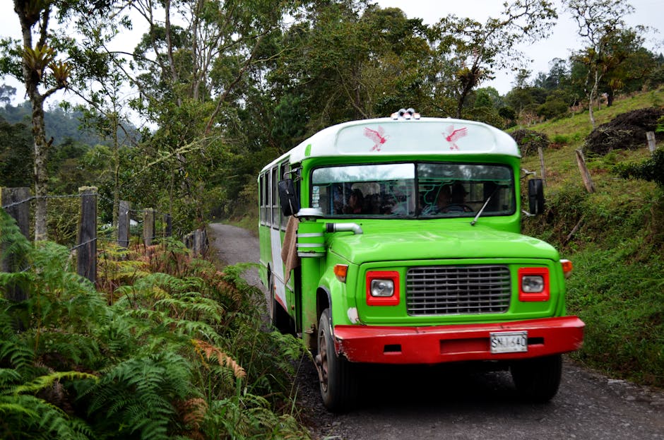 Bright green and red bus on a rural road surrounded by lush greenery in Colombia.