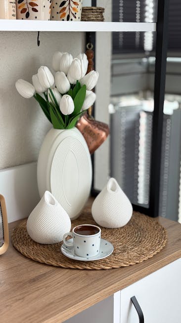 Warm coffee setting with tulips and elegant decor, perfect for a cozy nook.