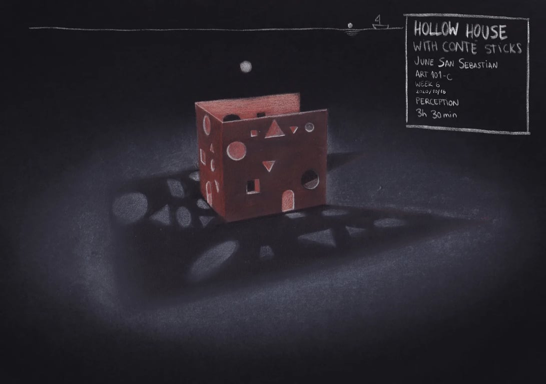 Dibujo a Conté de una casa de formas huecas