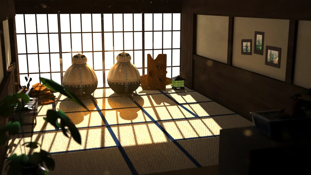 Render de un interior 3D iluminado al atardecer