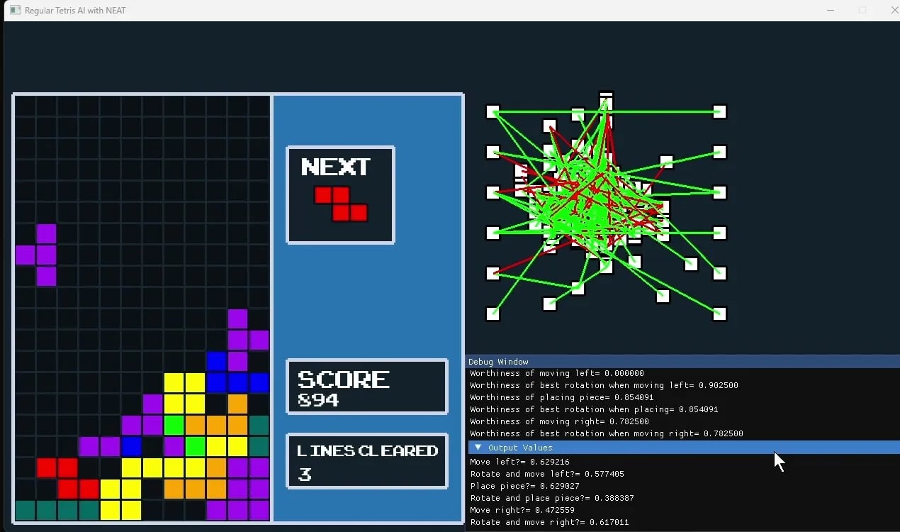 Red neuronal evolutiva (NEAT) aprendiendo a jugar al Tetris
