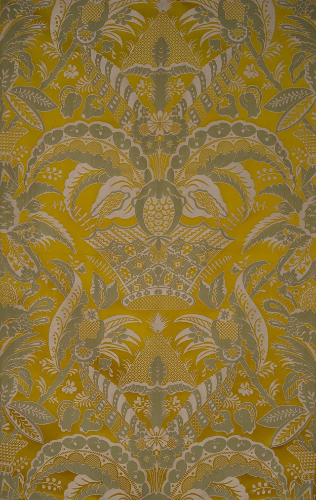 Lampas Décor à dentelle Jaune trame creme vert (Carré)