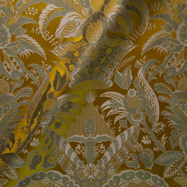 Lampas Décor à dentelle Jaune trame creme vert (Roll)