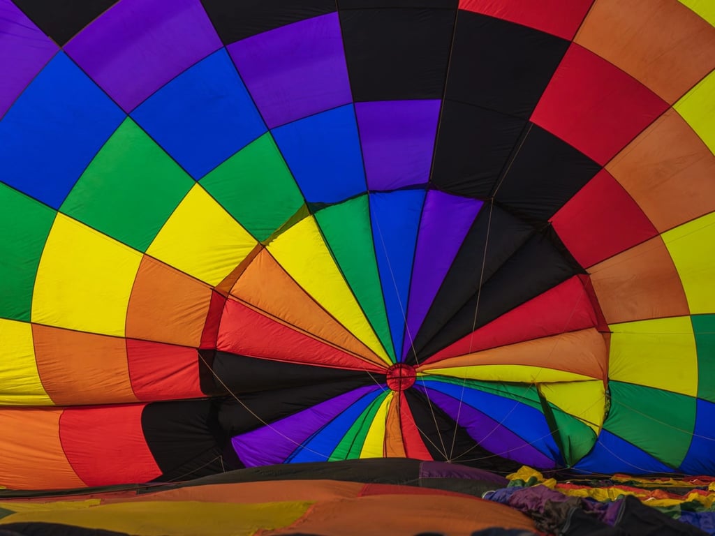 View from inside a hot air balloon looking up at the envelope