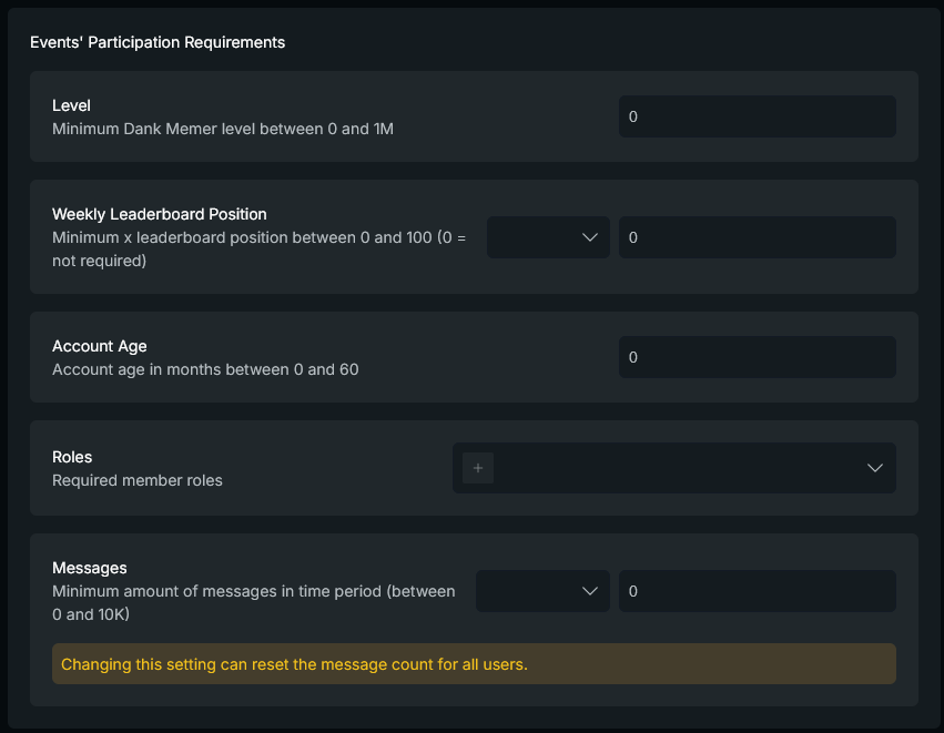 Event participation requirements