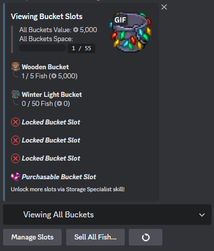 Viewing your equipped buckets.
