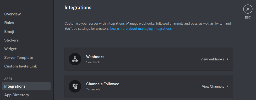 Integrations in server settings