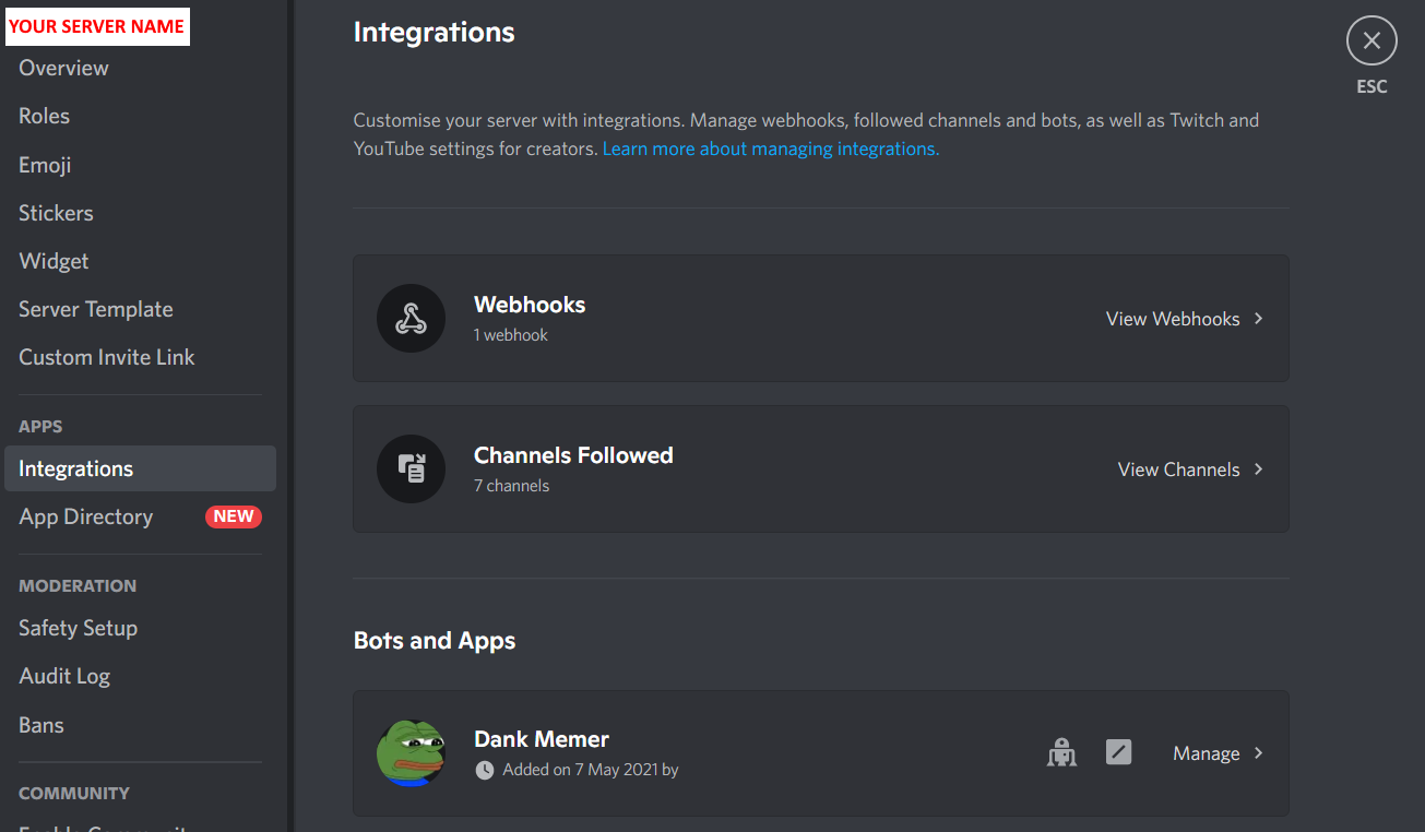 Integrations tab with Dank Memer