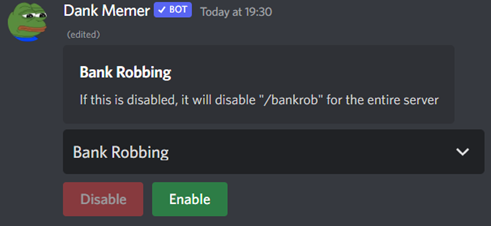 Bank robbing disabled with the green enable button lit up