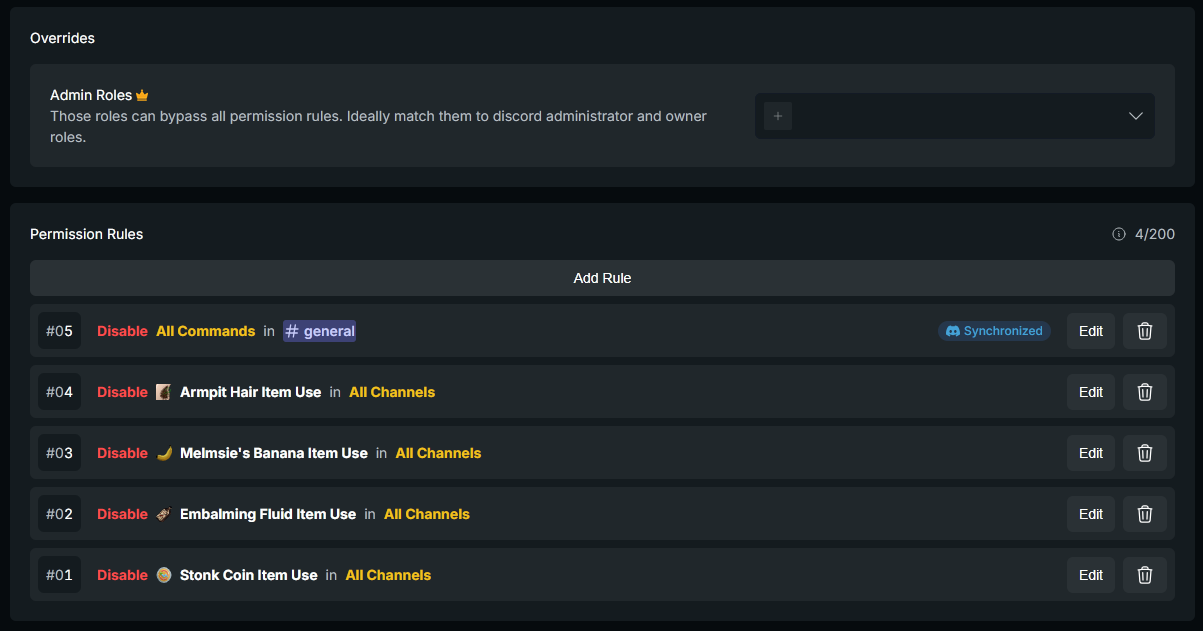 Server dashboard permissions menu
