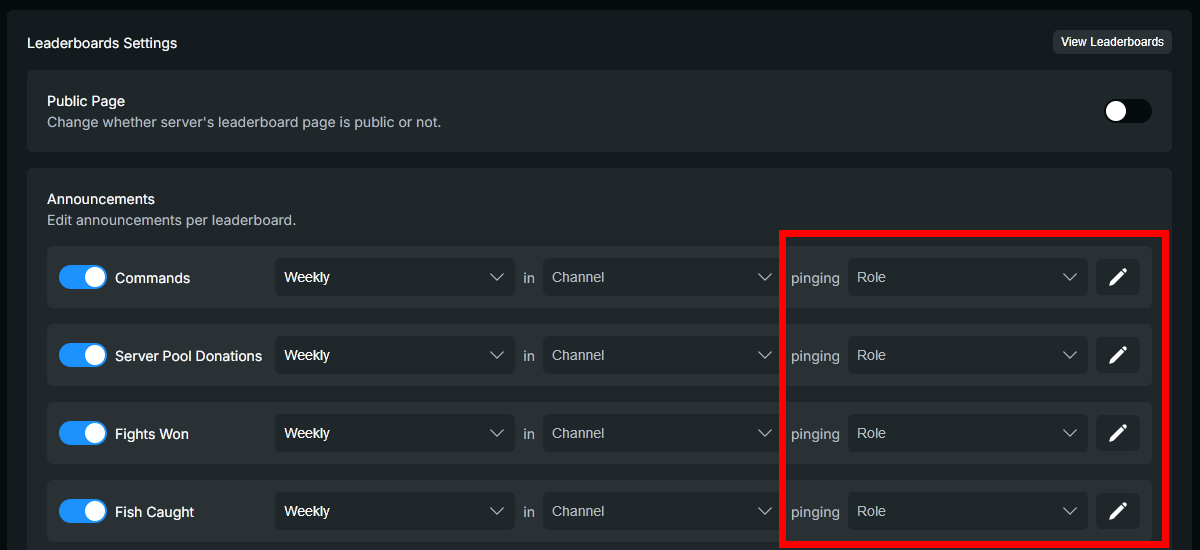 Leaderboard dashboard settings