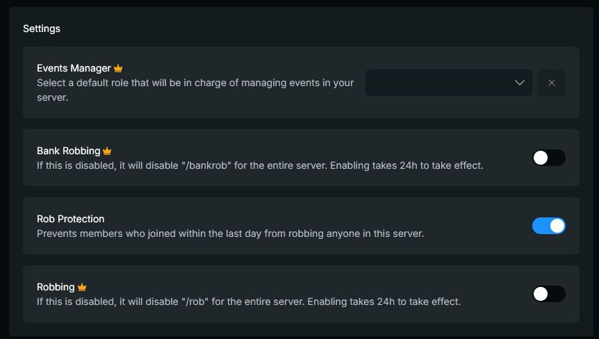 Events manager settings
