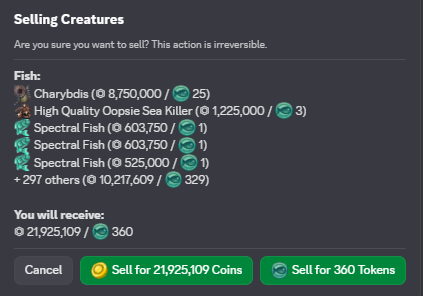 Selling creatures confirmation embed.