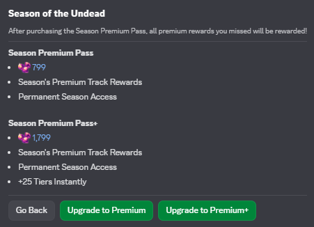 Season Pass upgrade options.