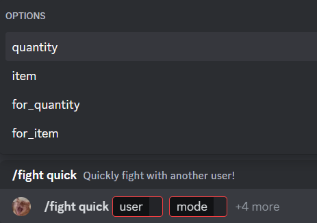 The /fight quick command options.